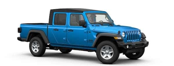 A blue 2020 Jeep Gladiator is facing right.