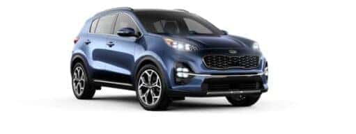 A blue 2020 Kia Sportage is angled right.