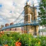 Flowers are in front of the bridge into Cincinnati, OH.