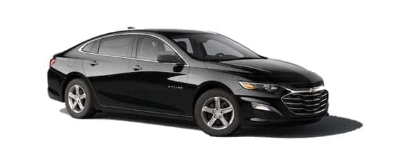 A black 2020 Chevy Malibu is facing right.