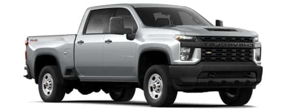 A silver 2020 Chevy Silverado 2500HD is angled right.