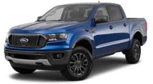 A blue 2021 Ford Ranger XLT is angled left.