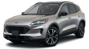 A silver 2021 Ford Escape Hybrid SE is angled left.