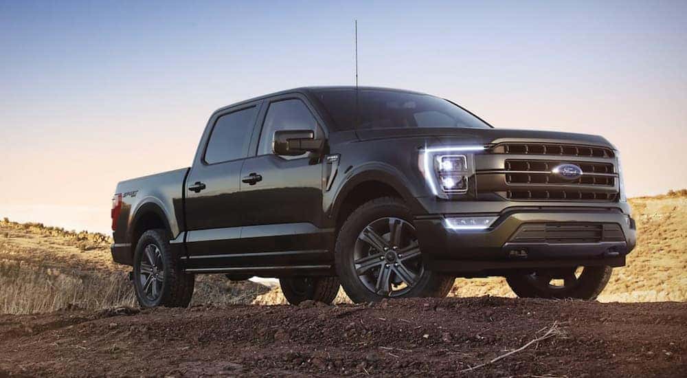 A black 2021 Ford F-150 is parked in dirt in front of a blue and yellow sky.
