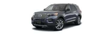 A dark blue 2021 Ford Explorer is angled left.