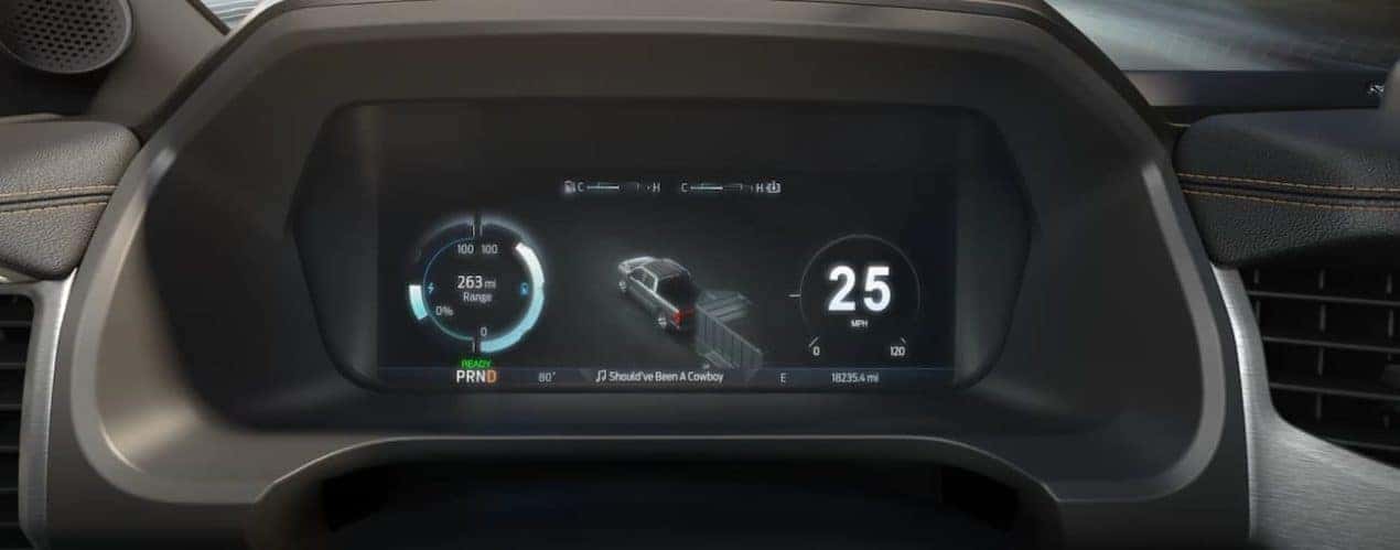 The interior of a 2022 Ford F-150 Lightning shows tech features.