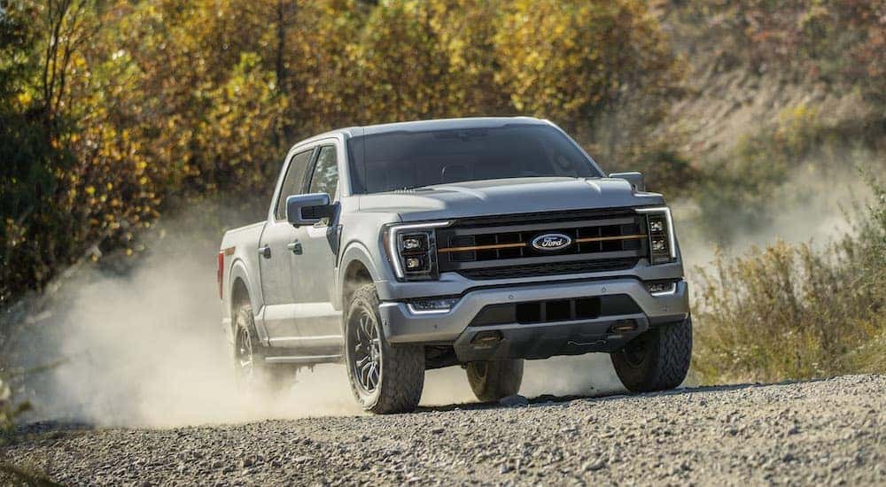 A silver 2022 Ford F-150 Tremor kicks up dust while driving on a tree-lined dirt road