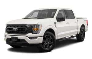 A white 2023 Ford F-150 Sport is shown from the front at an angle.