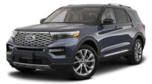 A blue 2023 Ford Explorer is angled left.