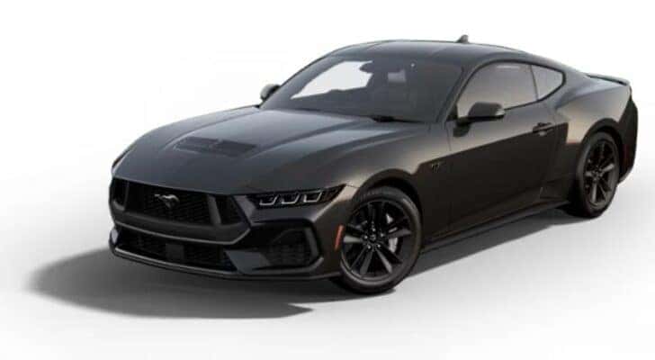 A black 2024 Ford Mustang GT is angled left.