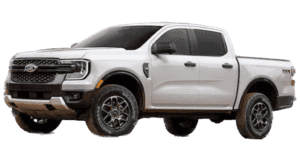 A white 2024 Ford Ranger XLT is angled left.