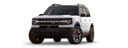 A white 2024 Ford Bronco Sport Outer Banks is shown from the front angled left.