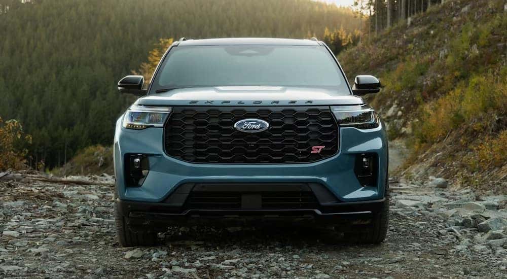 A front view of a blue 2025 Ford Explorer.