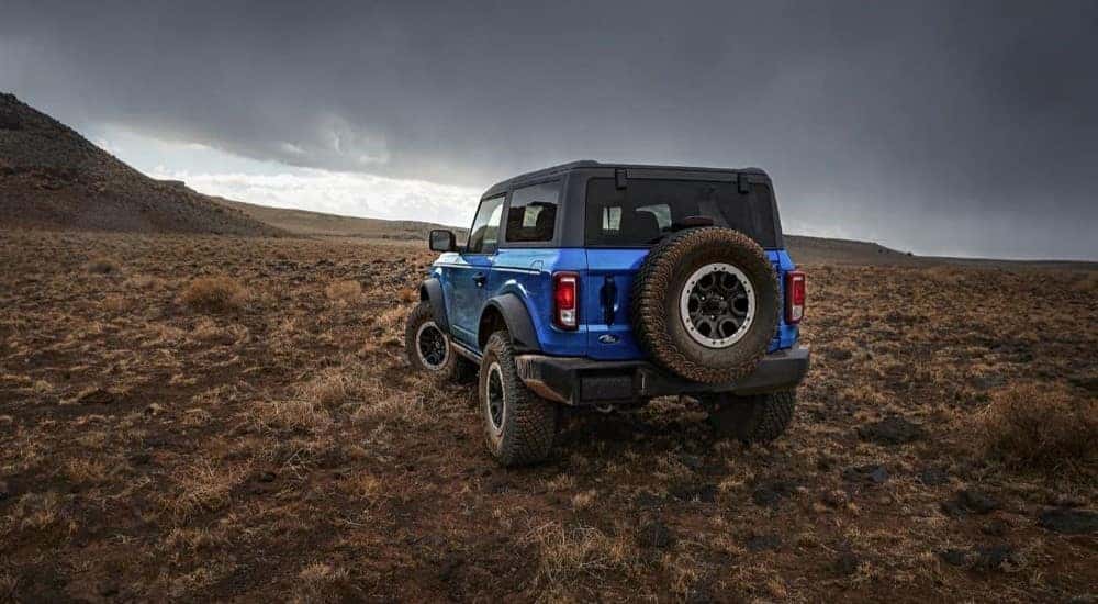 A rear view of a blue 2024 Ford Bronco Black Diamond driving in a field.