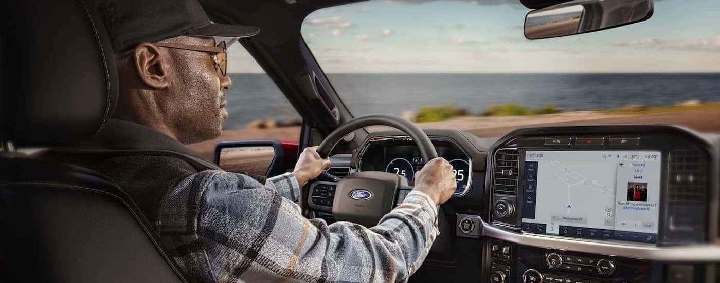 A close-up of the gray dash in a 2024 Forf F-150 Lariat is shown.
