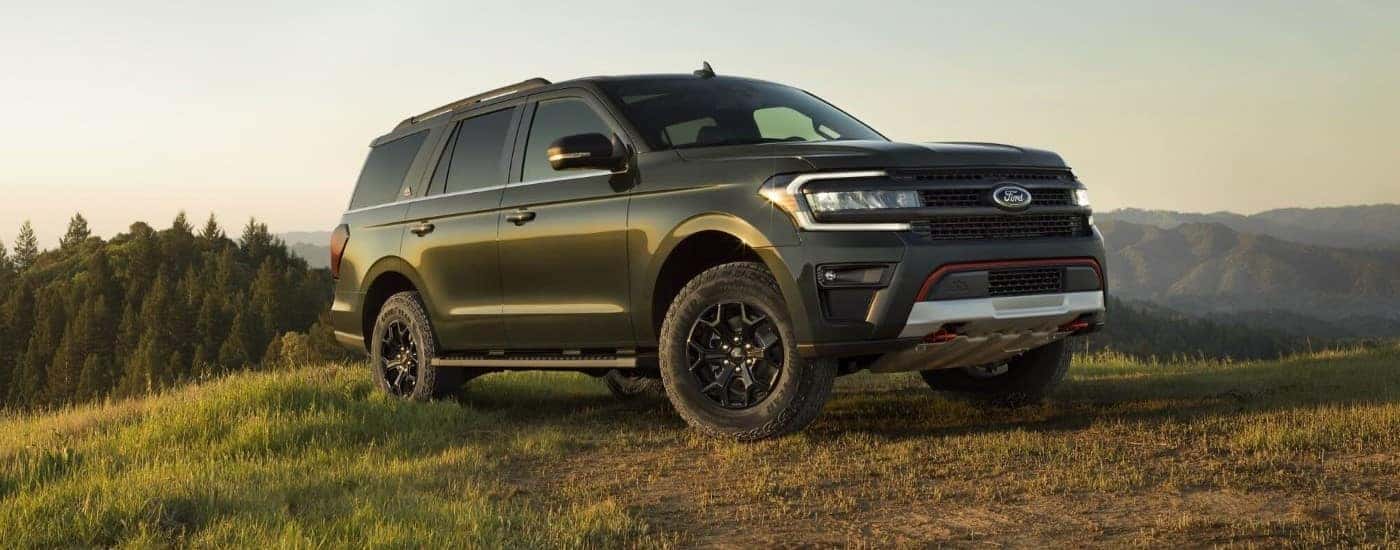 A black 2024 Ford Expedition Timberline parked on a grassy field.