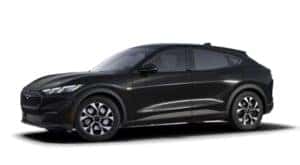 A black 2025 Ford Mustang Mach-E is angled left.