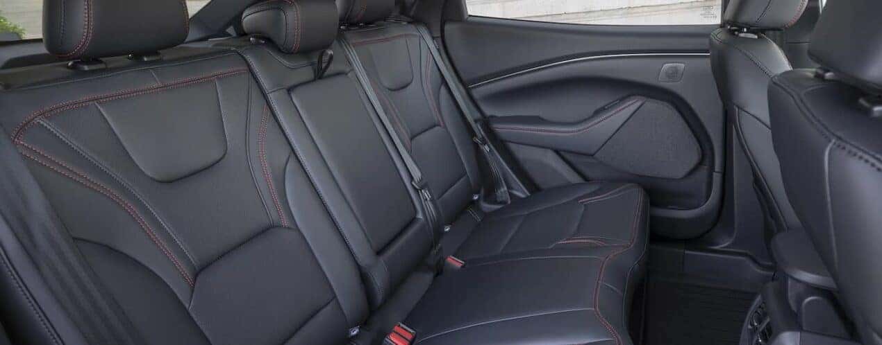 The black rear seating interior is shown in a 2025 Ford Mustang Mach-E.