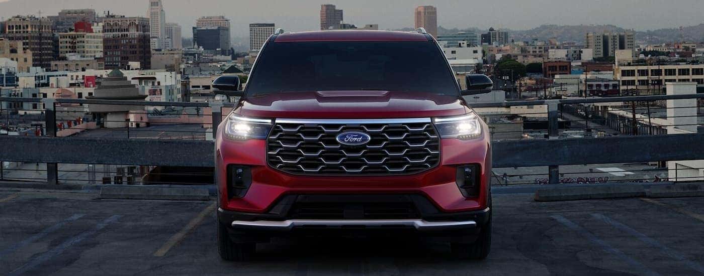 Front of a red 2025 Ford Explorer at a Ford dealer near Lebanon.