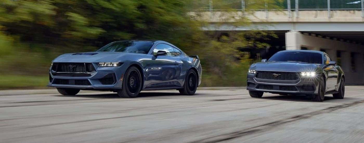 A set of blue and gray 2024 Ford Mustang Dark Horse and GT driving down the highway