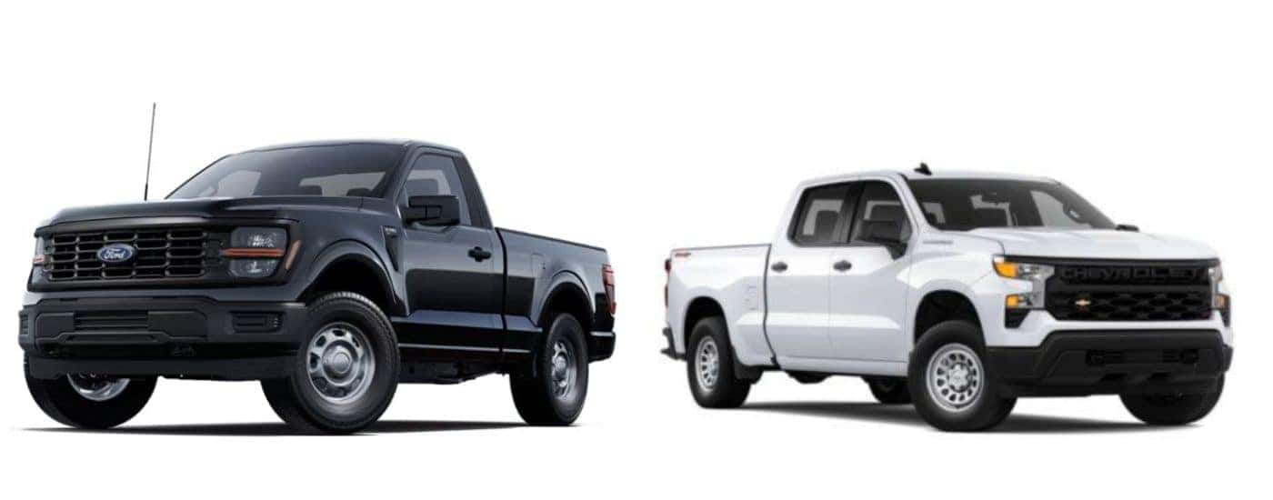 A black 2025 Ford F-150 vs a white 2025 Chevy Silverado 1500 .