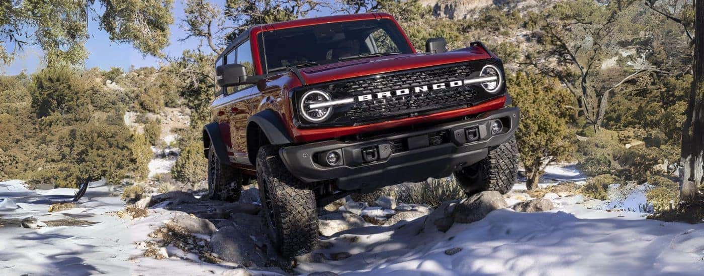 Red 2025 Ford Bronco for sale near Loveland parked on snow.