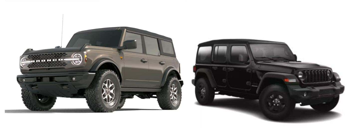 A brown 2025 Ford Bronco vs a black 2025 Jeep Wrangler.