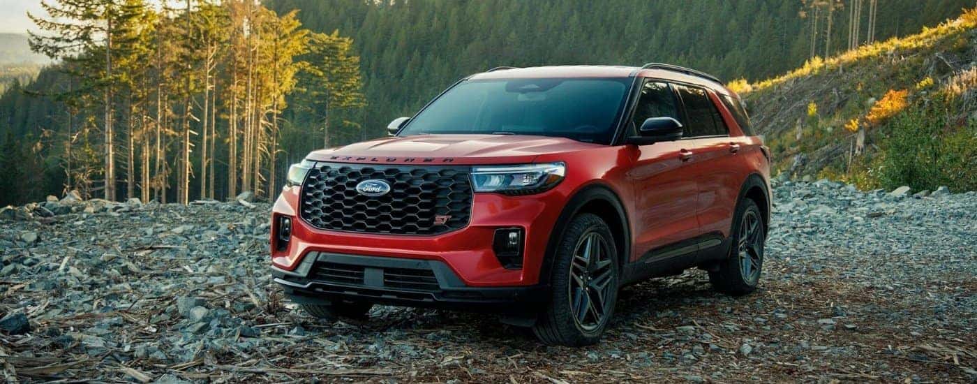 A red 2025 Ford Explorer for sale near Sharonville from the front at an angle.