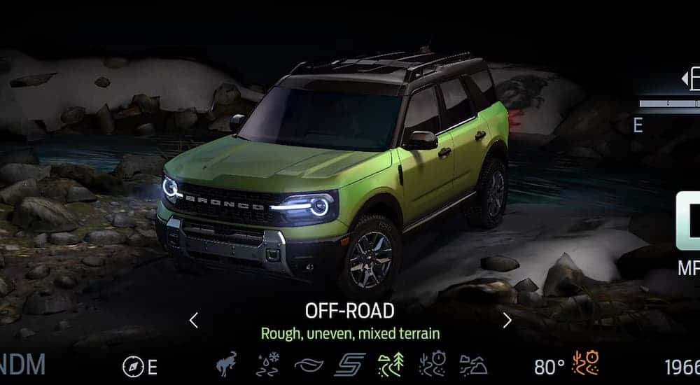 Infotainment system on 2025 Ford Bronco displaying off-road drive modes.