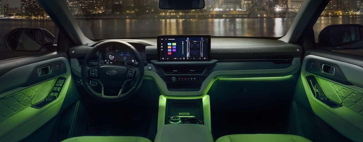 The green highlighted interior in a 2025 Ford Explorer for sale in Cincinnati.