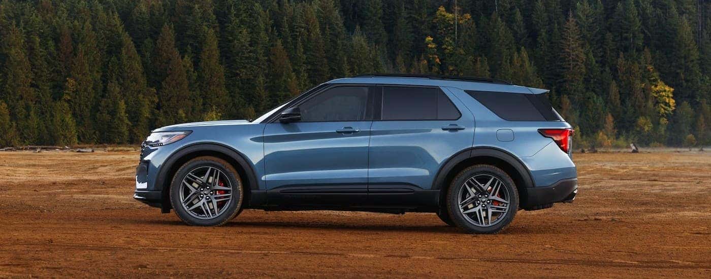 Side view of a blue 2025 Ford Explorer.