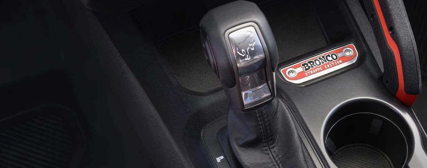 Close-up of the shifter in a 2025 Ford Bronco Stroppe Edition.