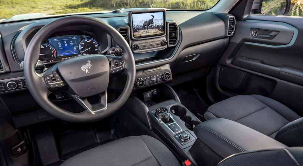 The black interior of a 2026 Ford Bronco Sport.