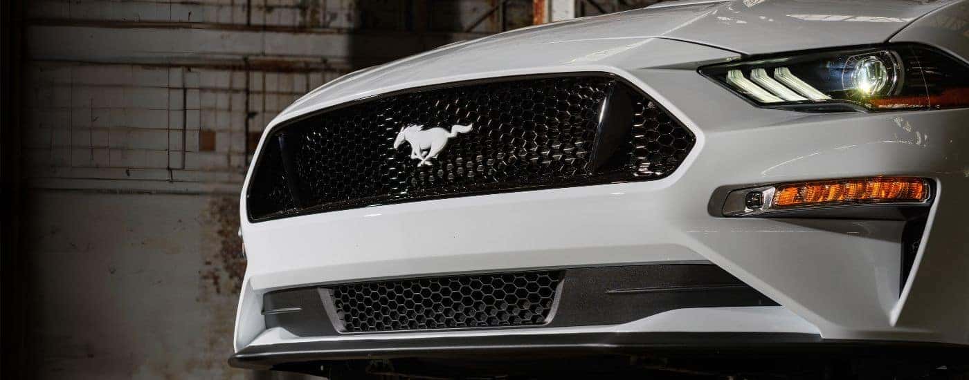 Front grille of a white 2022 Mustang Ice White Edition.