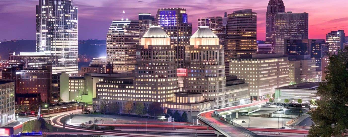 A city shown at Sunset.