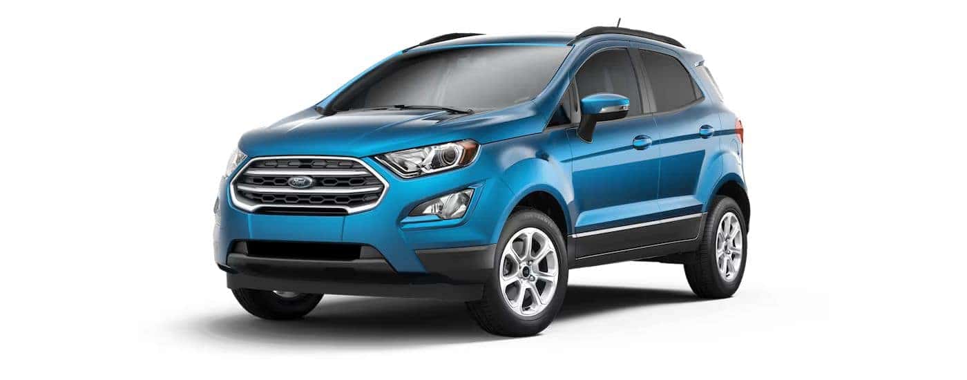 Blue 2018 Ford EcoSport angled left.