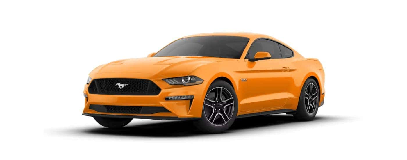 Orange 2018 Ford Mustang angled left.