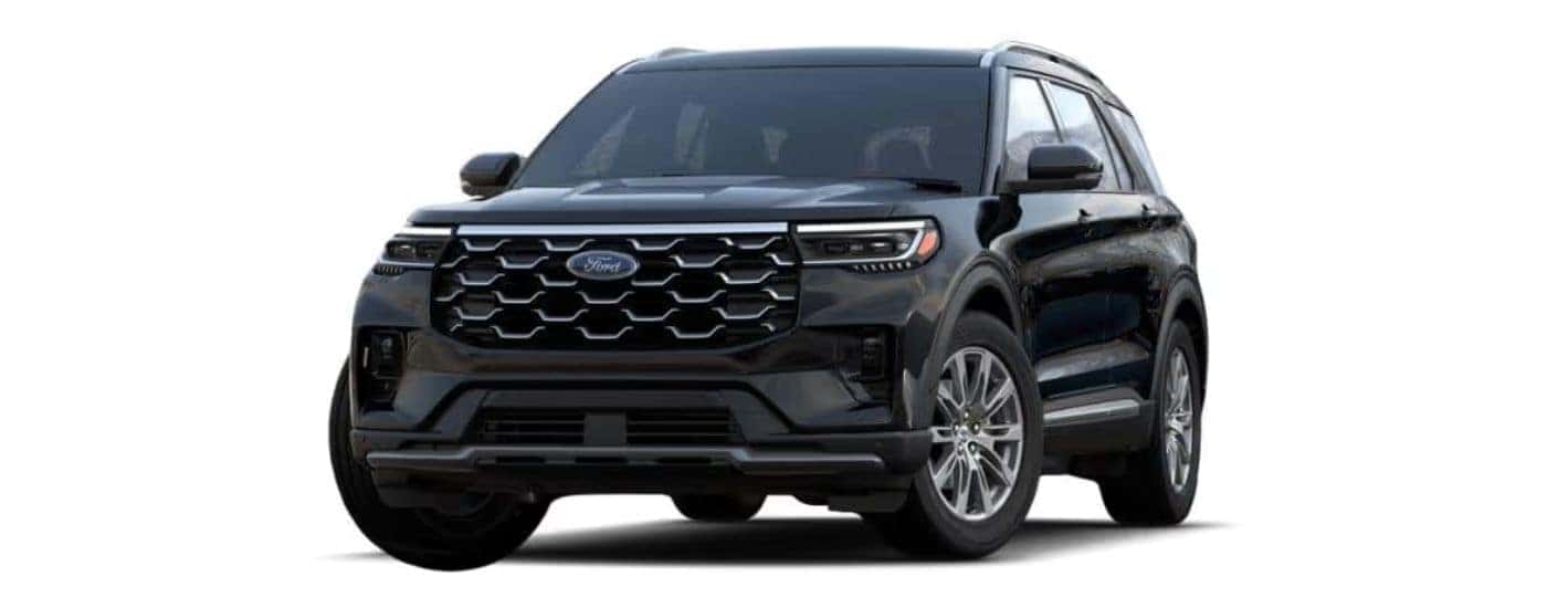 Black 2025 Ford Explorer angled left.