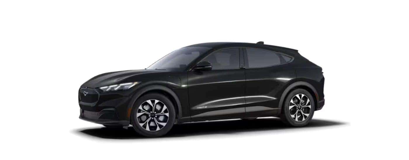 Black 2025 Ford Mustang Mach-E angled left.