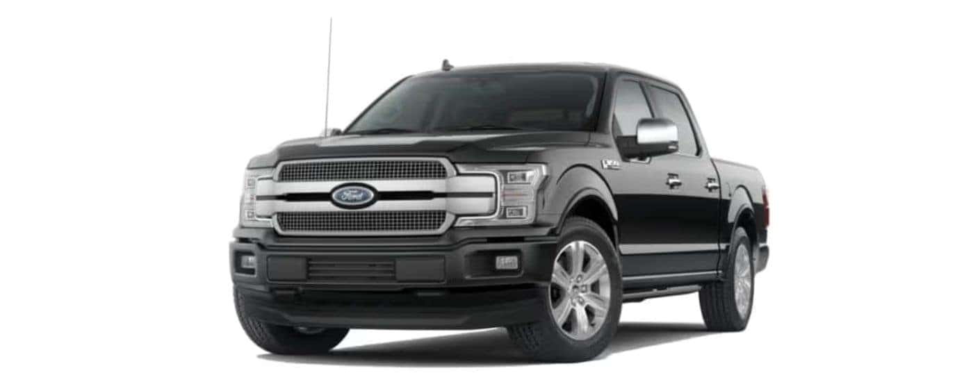 A black 2020 Ford F-150 parked at a left angle with a white background.