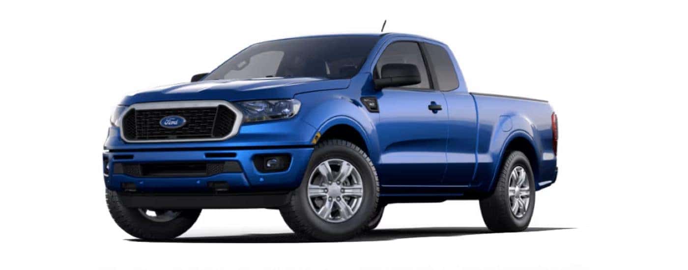 A blue 2019 Ford Ranger with a white background angled left.
