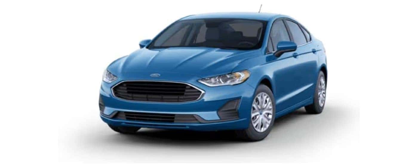 A blue 2020 Ford Fusion parked at a left angle with a white background.