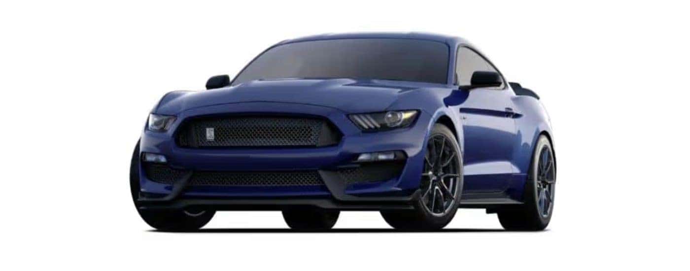 A blue 2020 Ford Mustang Shelby GT350 on a white background angled left.