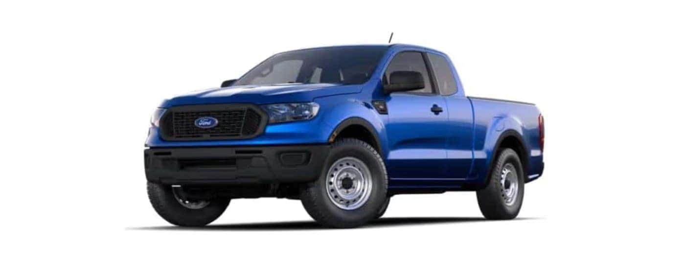 A blue 2020 Ford Ranger parked at a left angle with a white background.