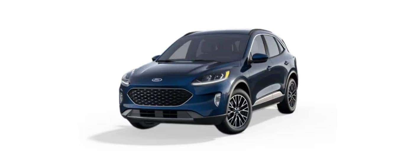 A blue 2021 Ford Escape Hybrid angled left on a white background.