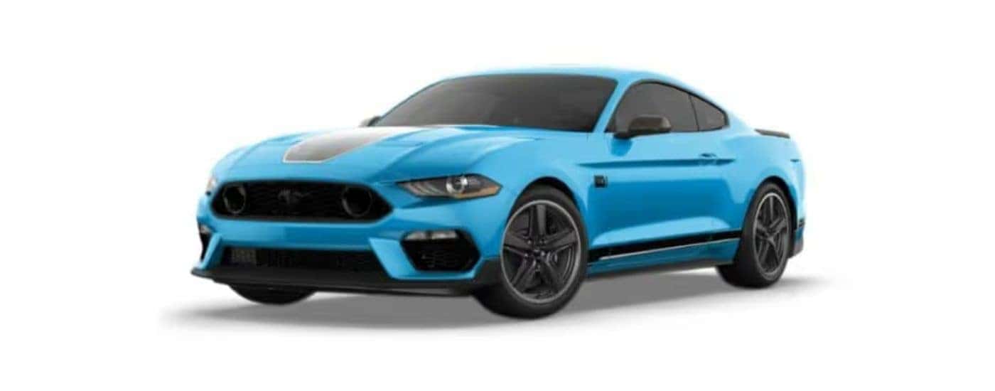 A blue 2021 Ford Mustang Mach 1 parked at a left angle with a white background.