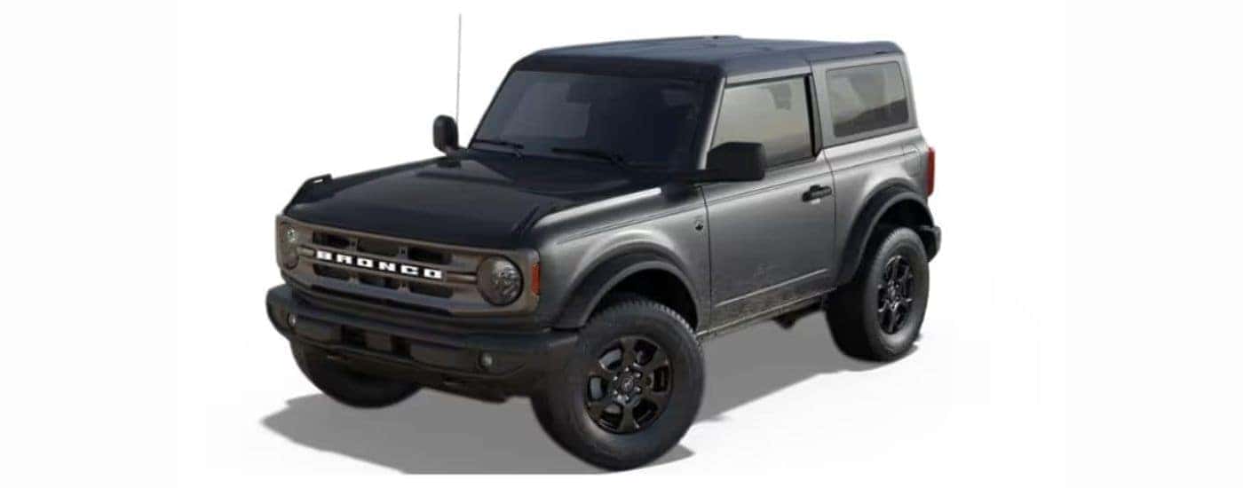 A gray 2021 Ford Bronco with a white background angled left.