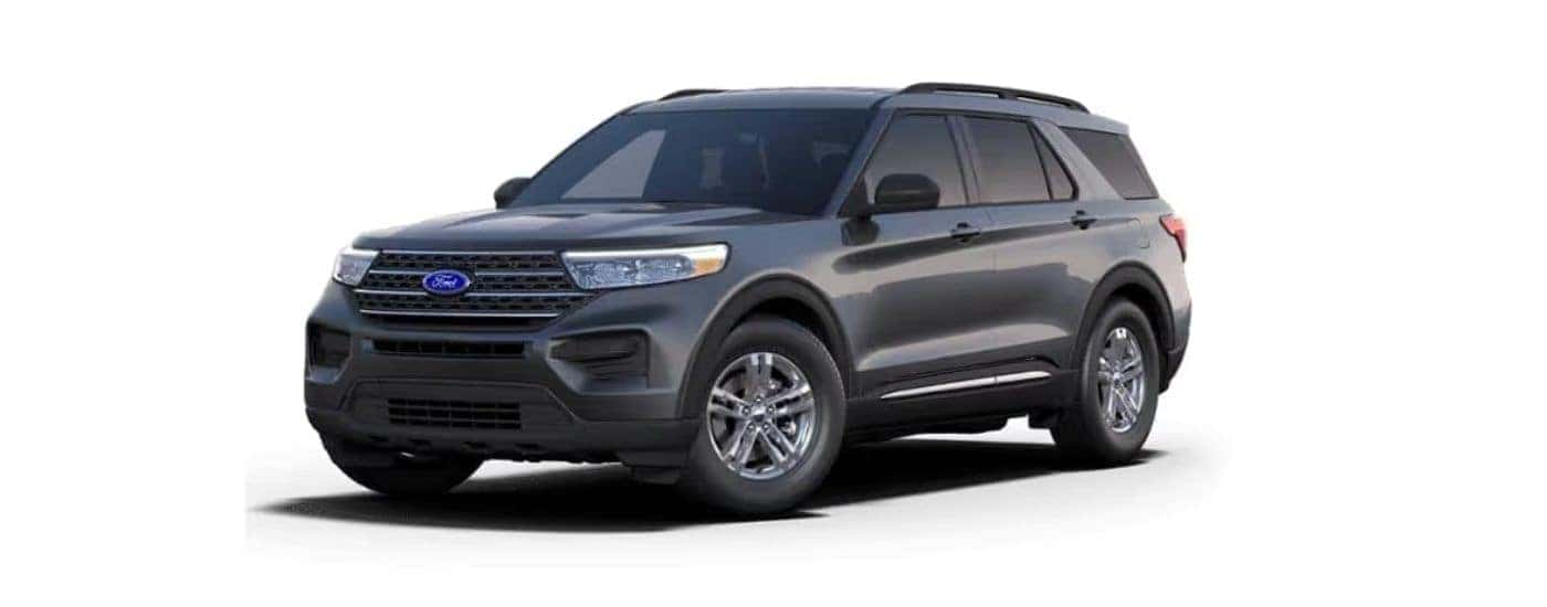 A gray 2021 Ford Explorer angled left on a white background.