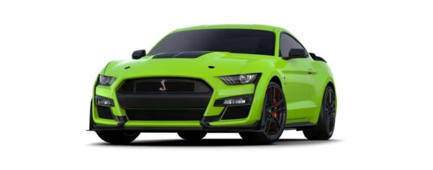 A green 2020 Ford Mustang Shelby GT500 on a white background angled left.
