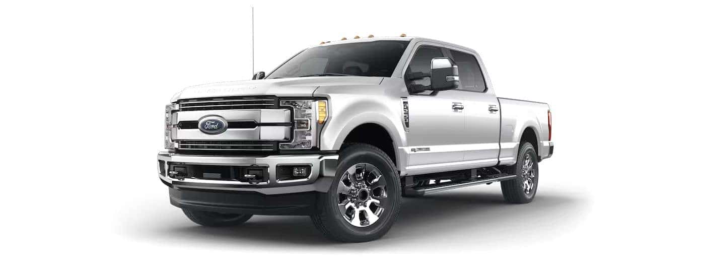 A silver 2019 Ford F-250 with a white background angled left.